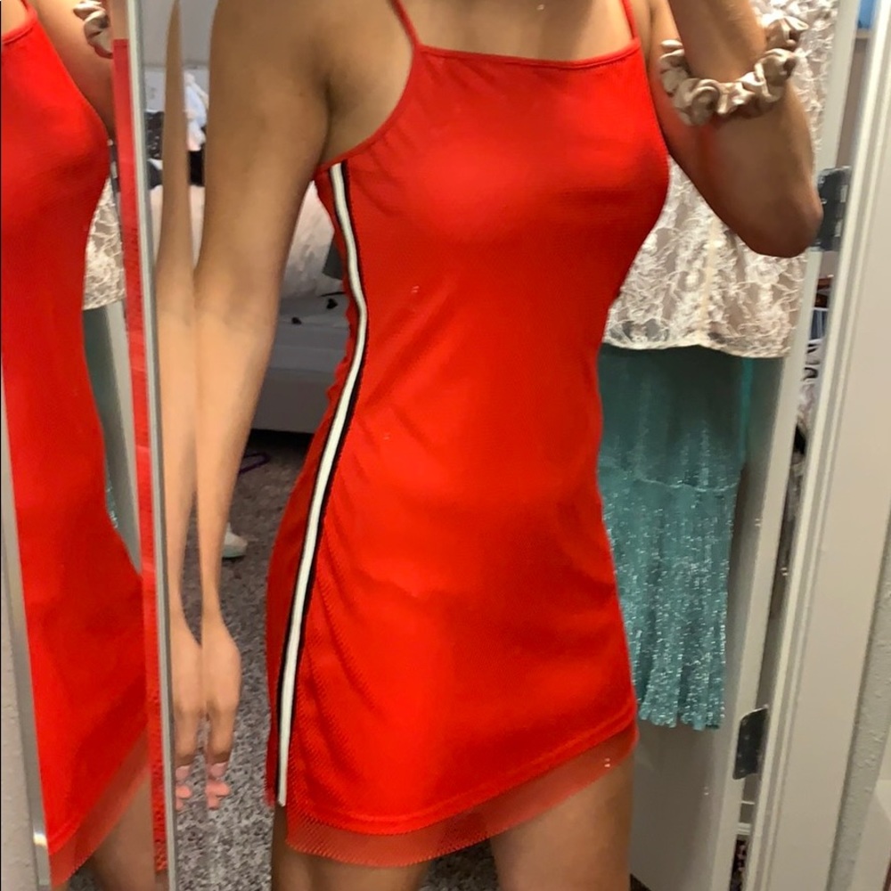 Red dress with black and white side stripe